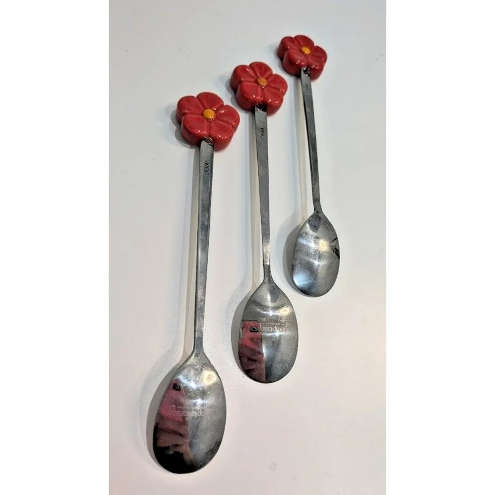 TEMP-TATIONS Old World Red Flower Top Tea Spoons 6 1/2‎ Inches Lot of 3